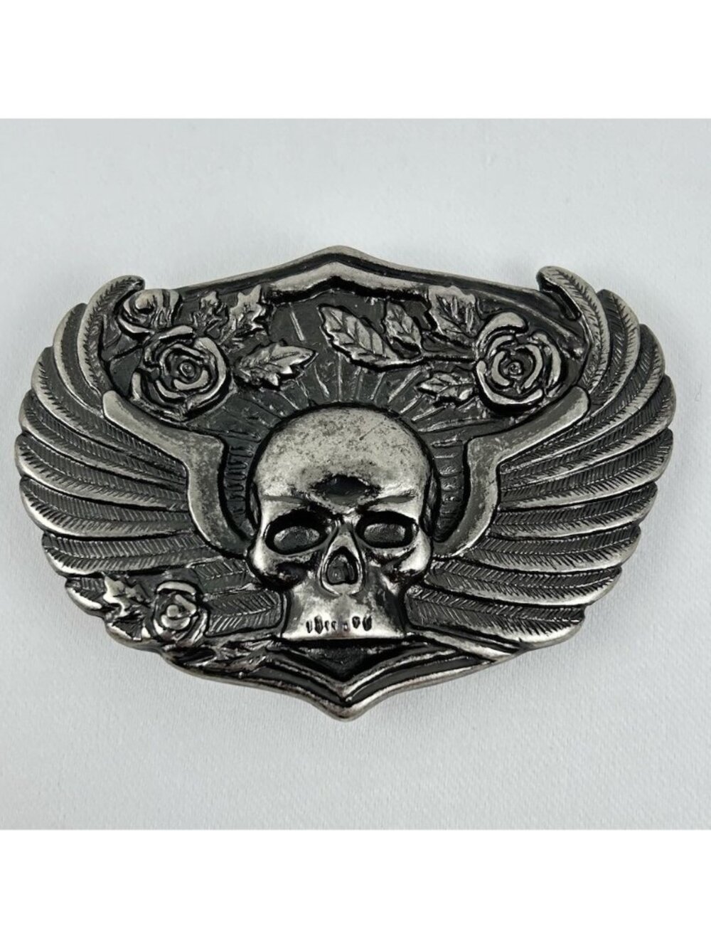 Belt Buckle - Skull With Wings and Roses. Biker Buckle to suit 1.5" (40mm) Belt